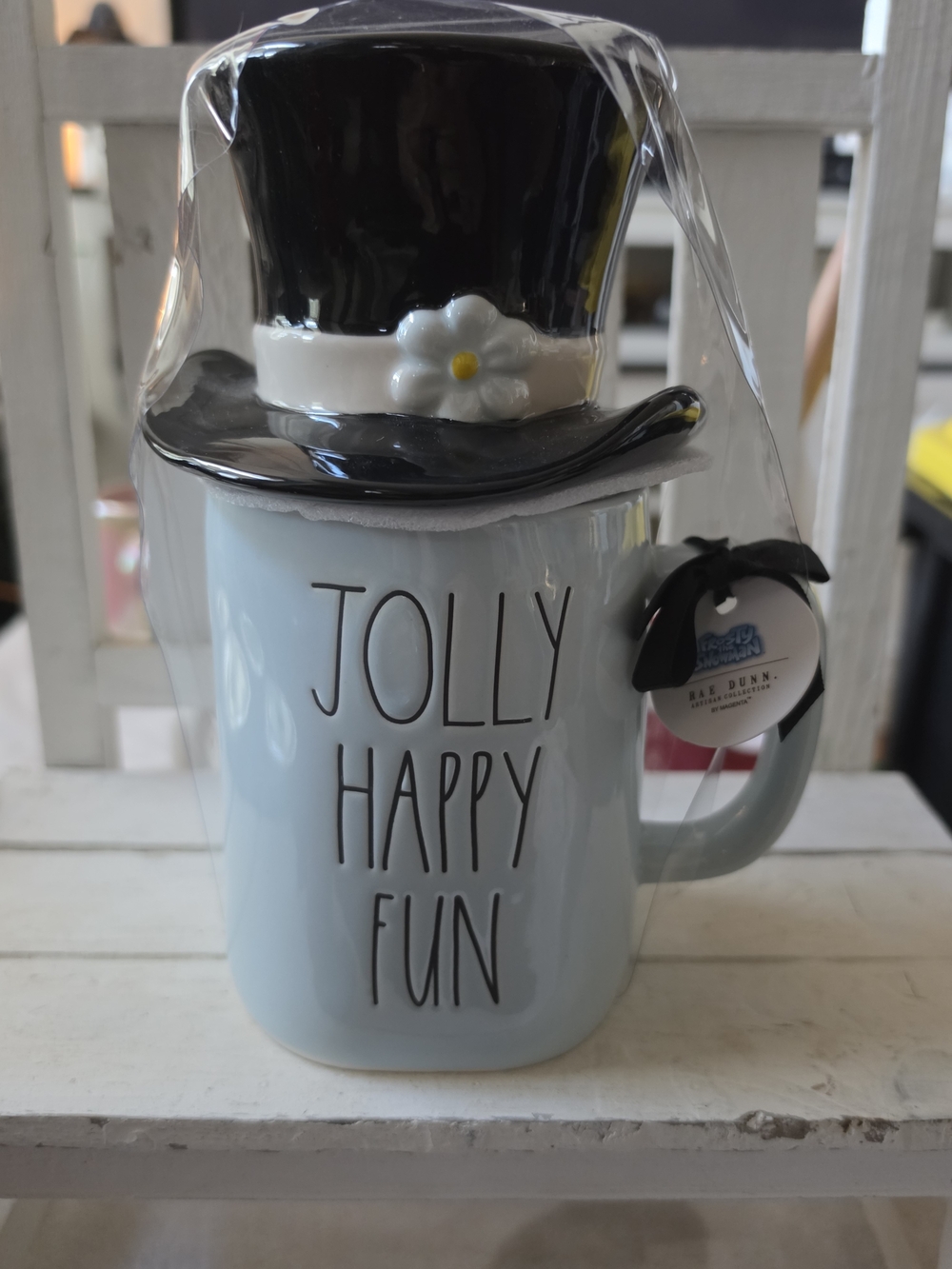 Rae Dunn X Frosty The Snowman  Light Blue Ceramic Mug with Black Top Hat Lid